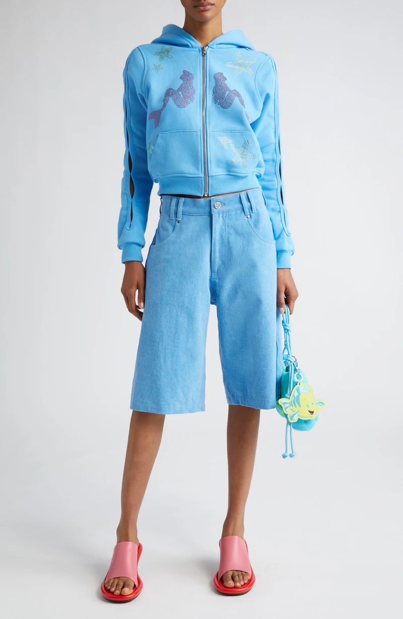Model wearing the blue rhinestone Little Mermaid zip hoodie.