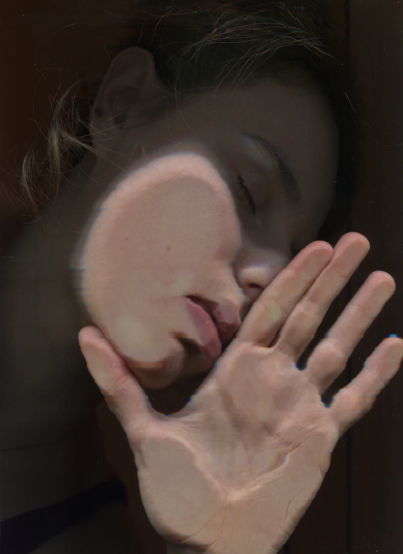 Close-up portrait print study with circular facial distortion