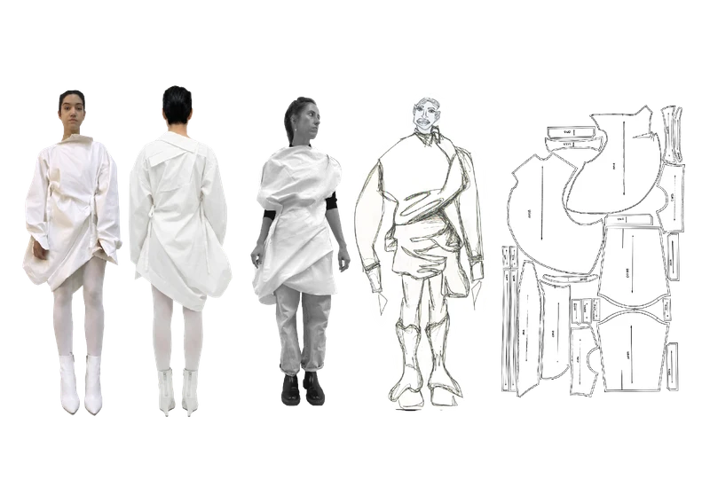 White shirt development board with sketches and pattern pieces