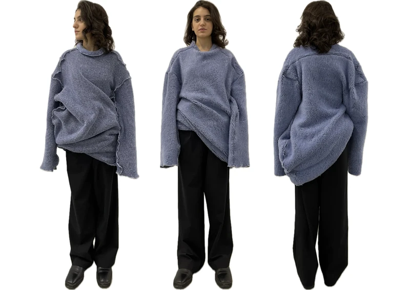 Finished gray sweater shown from the front, side and back