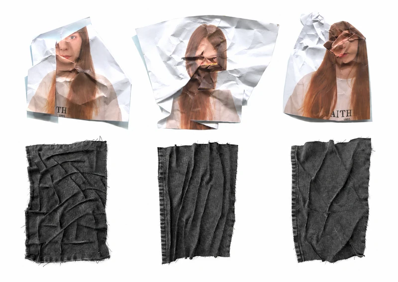 Three crumpled paper portrait studies across the top row, with three gray textured fabric swatches below