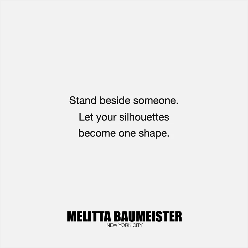 Very light gray instruction postcard: “Stand beside someone. Let your silhouettes become one shape.” MELITTA BAUMEISTER logo below.