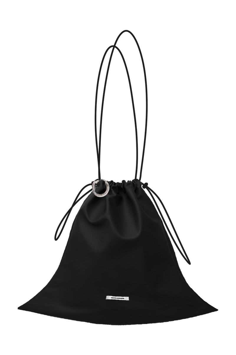 Black drawstring bag proposal with long straps and a silver ring
