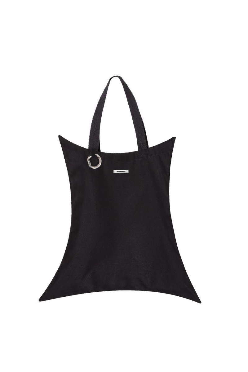 Black flared tote bag proposal with a silver ring detail