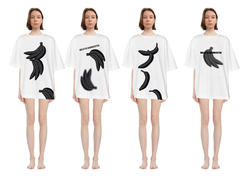 Four oversized white T-shirt proposals with black graphic prints