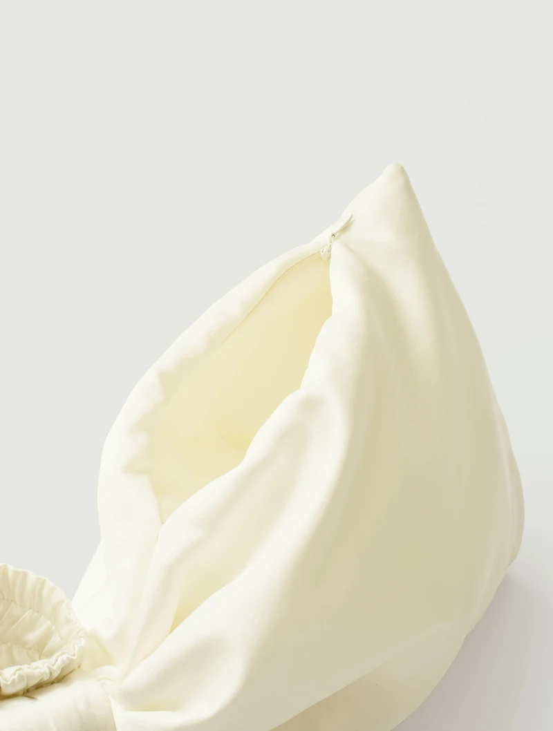 Gathered ivory satin bag detail