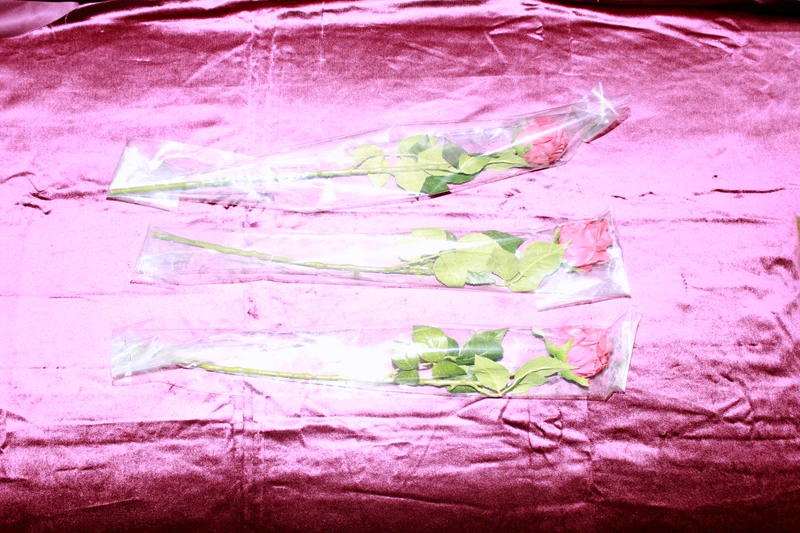 Wrapped roses arranged across purple fabric