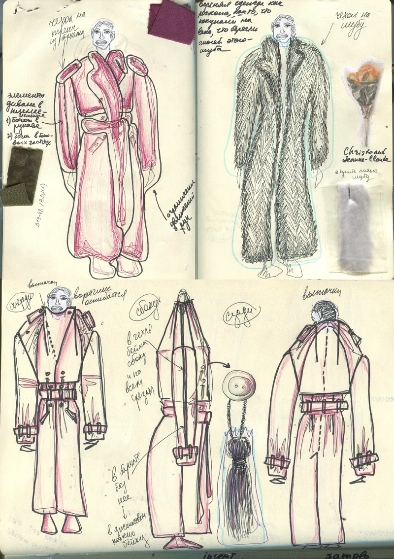 Coat silhouette sketches and construction studies