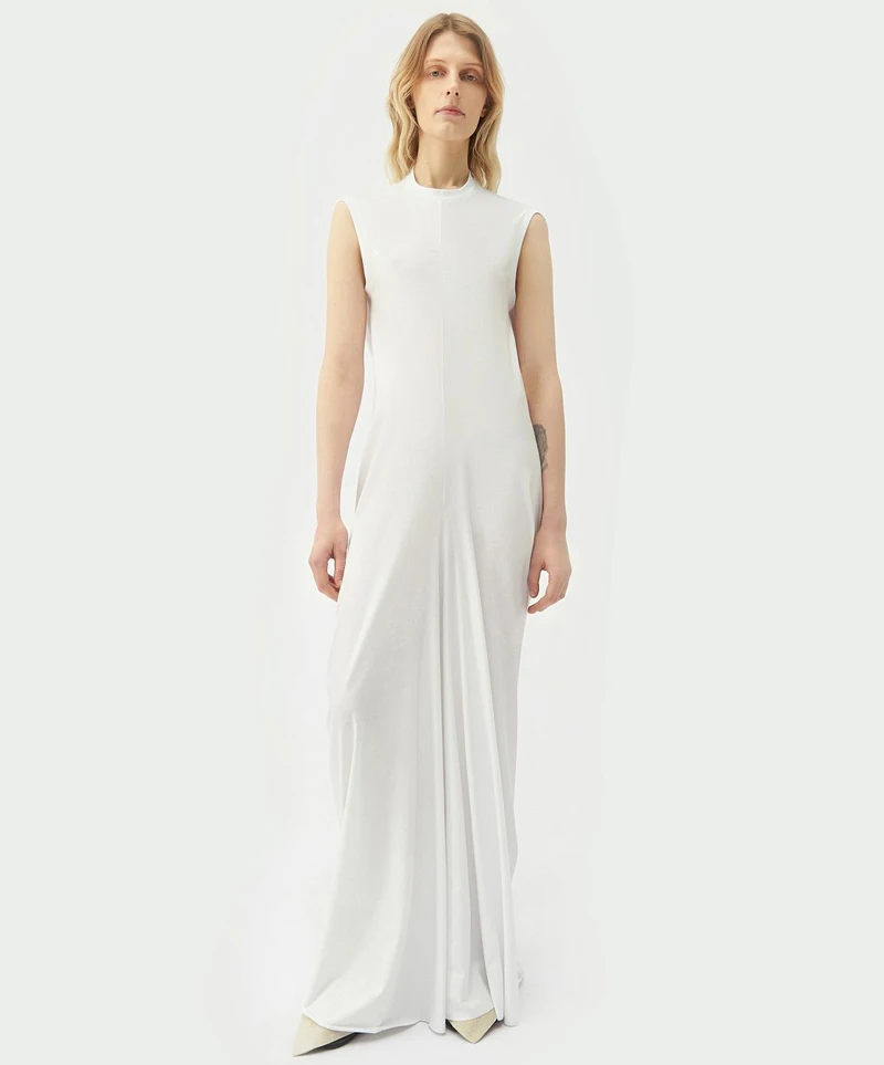 White draped sleeveless dress, front view