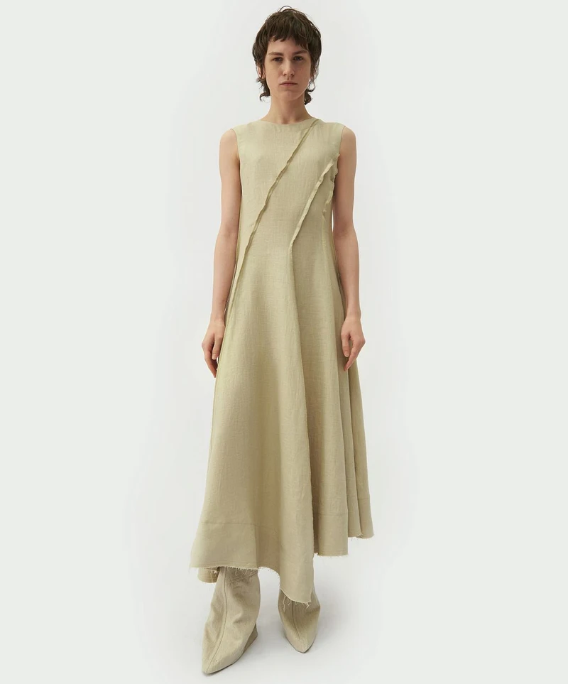 Cream spiral-cut dress with trousers, front view