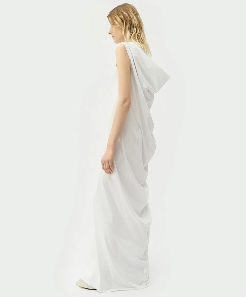 White draped sleeveless dress, side view
