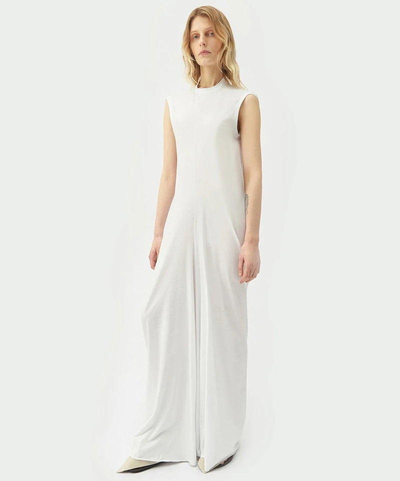 White draped sleeveless dress, full front view