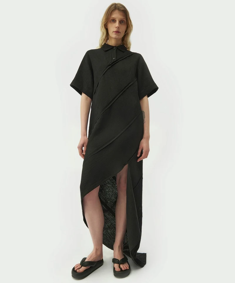 Black spiral-cut shirt dress, front view