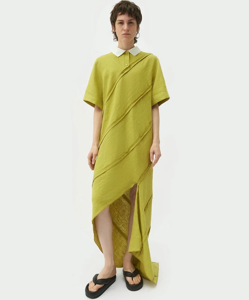 Yellow spiral-cut shirt dress, front view