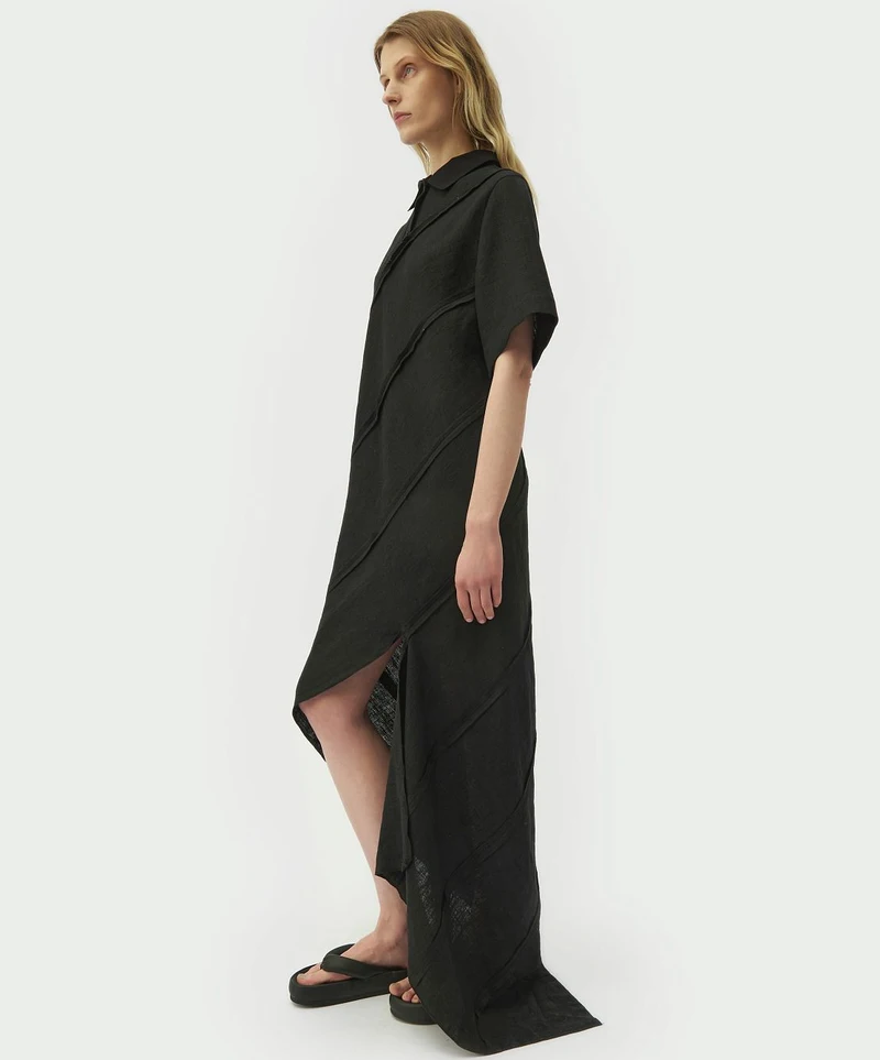 Black spiral-cut shirt dress, side view