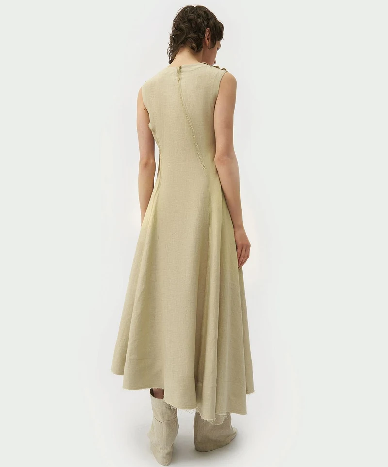 Cream spiral-cut dress with trousers, rear view