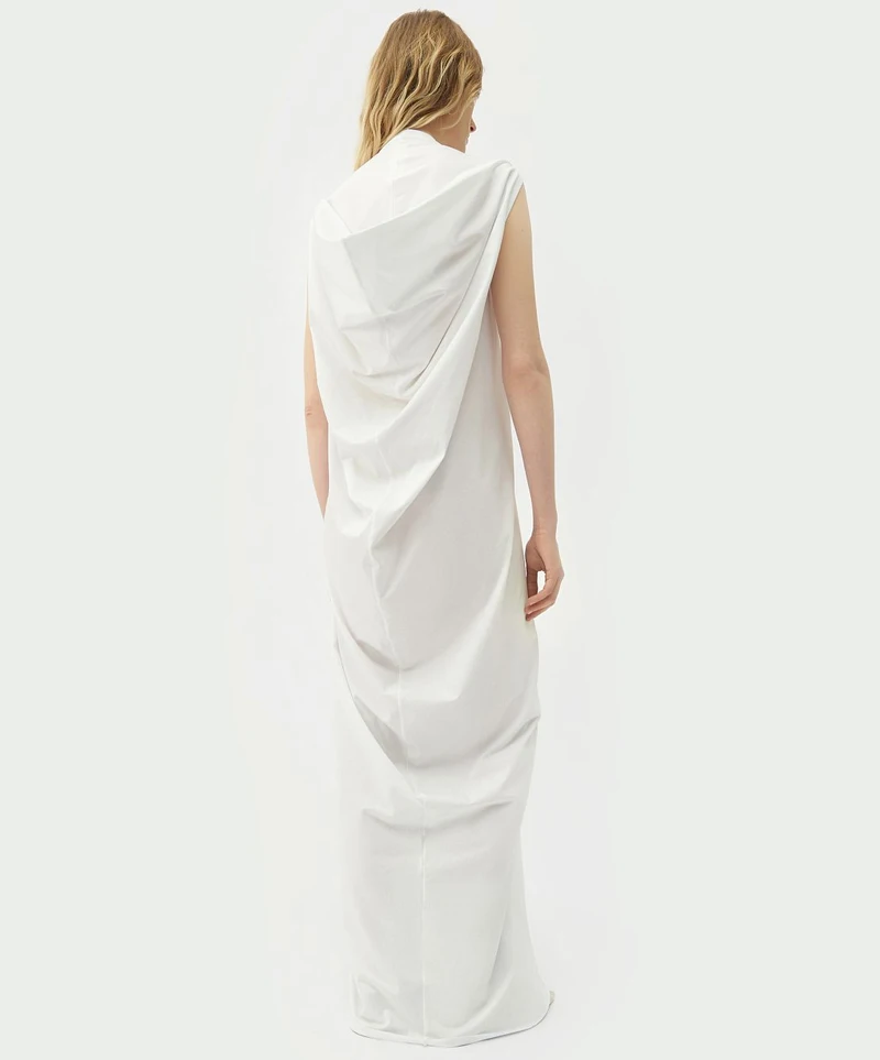 White draped sleeveless dress, rear view